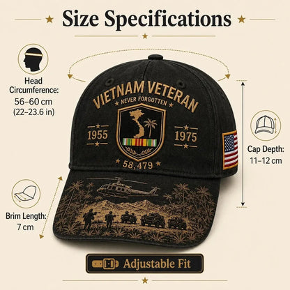 ⭐️Vietnam Veteran Never Forgotten 1955–1975 Commemorative Cap 🇺🇸