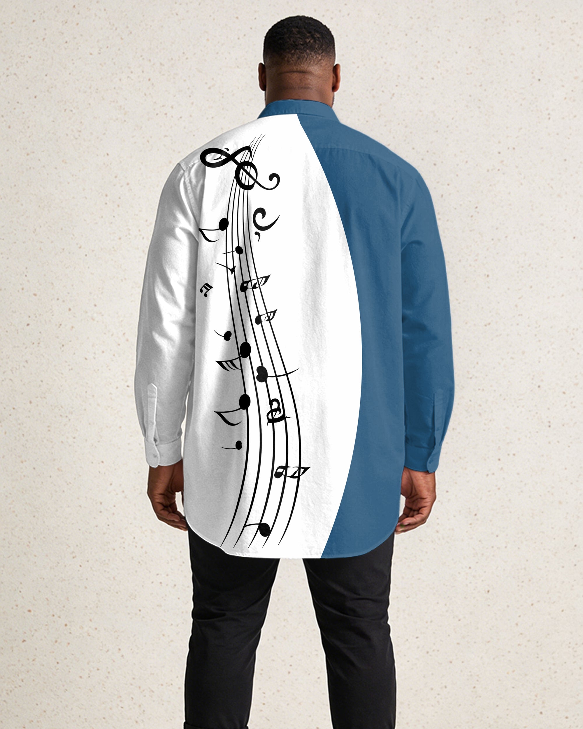 Large Size Men's, Music Blue, White Irregular Stitching Long Sleeve Lapel Shirt