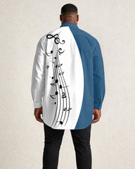 Large Size Men's, Music Blue, White Irregular Stitching Long Sleeve Lapel Shirt