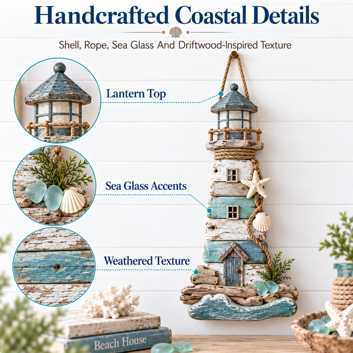 🌊🏠 Coastal Driftwood Lighthouse Wall Decor – Rustic Beach House Hanging Accent