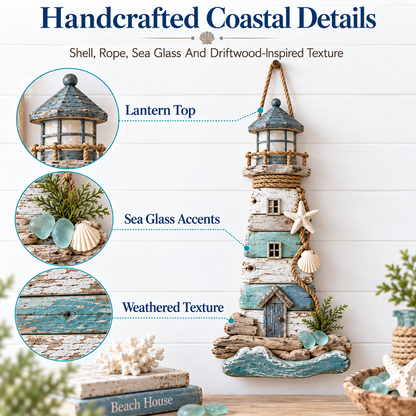 🌊🏠 Coastal Driftwood Lighthouse Wall Decor – Rustic Beach House Hanging Accent