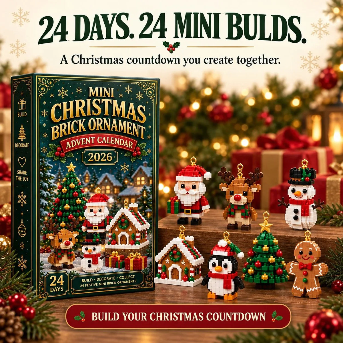 ⏳Last Day 49% OFF🎄24-Day Mini Christmas Ornament Advent Calendar | 24 unique festive buildable designs with hanging loops—perfect for decorating Christmas trees, wreaths, and holiday displays 🧱