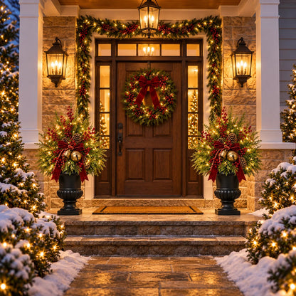 🔥 LAST DAY 50% OFF 🔥🎄 24' Pre-Lit Christmas Evergreen Urn Filler™ – Festive Holiday Arrangement with Berries, Pinecones & Vintage Bells ✨🔔