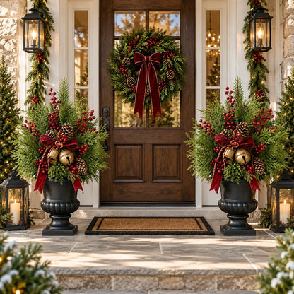 🔥 LAST DAY 50% OFF 🔥🎄 24' Pre-Lit Christmas Evergreen Urn Filler™ – Festive Holiday Arrangement with Berries, Pinecones & Vintage Bells ✨🔔