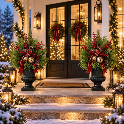 🔥 LAST DAY 50% OFF 🔥🎄 24' Pre-Lit Christmas Evergreen Urn Filler™ – Festive Holiday Arrangement with Berries, Pinecones & Vintage Bells ✨🔔