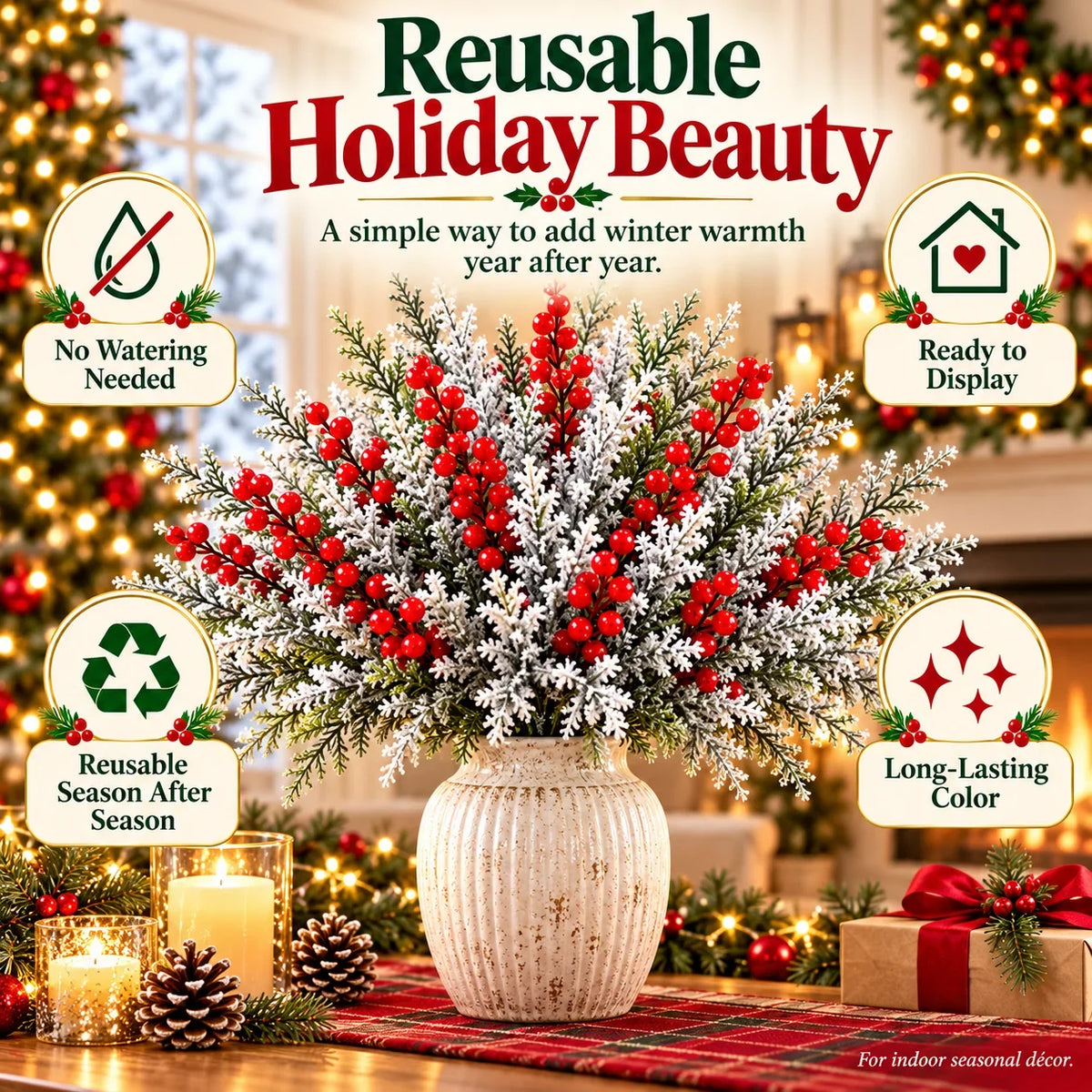 ❄️ Snow-Frosted Christmas Greenery & Red Berry Stems – Elegant Winter Home Decor 🎄