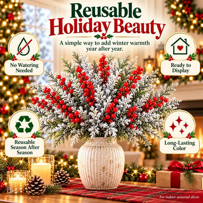 ❄️ Snow-Frosted Christmas Greenery & Red Berry Stems – Elegant Winter Home Decor 🎄