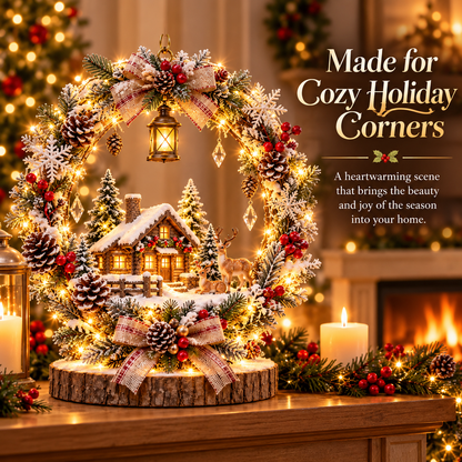 The Enchanted Snowy Cottage Wreath — A Glowing Christmas Village Centerpiece
