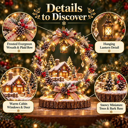 The Enchanted Snowy Cottage Wreath — A Glowing Christmas Village Centerpiece