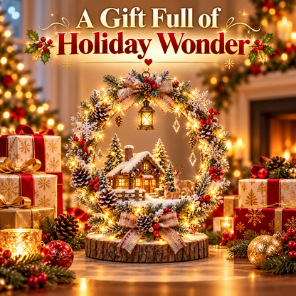 The Enchanted Snowy Cottage Wreath — A Glowing Christmas Village Centerpiece