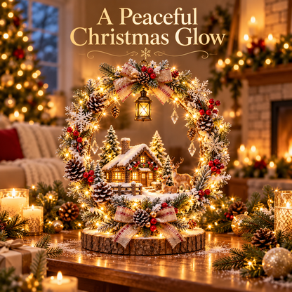 The Enchanted Snowy Cottage Wreath — A Glowing Christmas Village Centerpiece