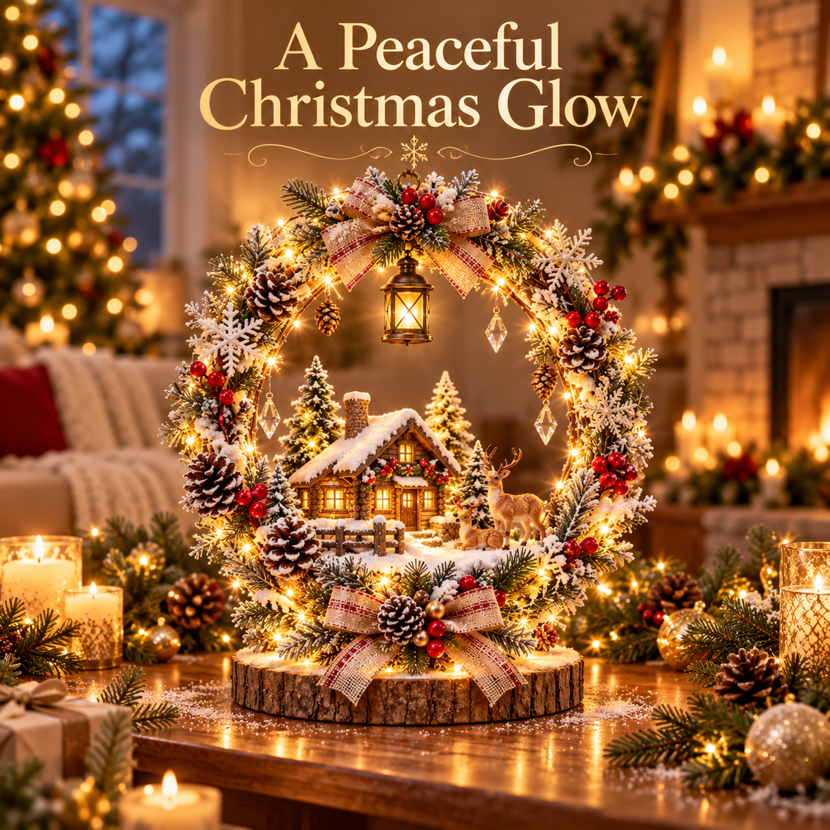 The Enchanted Snowy Cottage Wreath — A Glowing Christmas Village Centerpiece