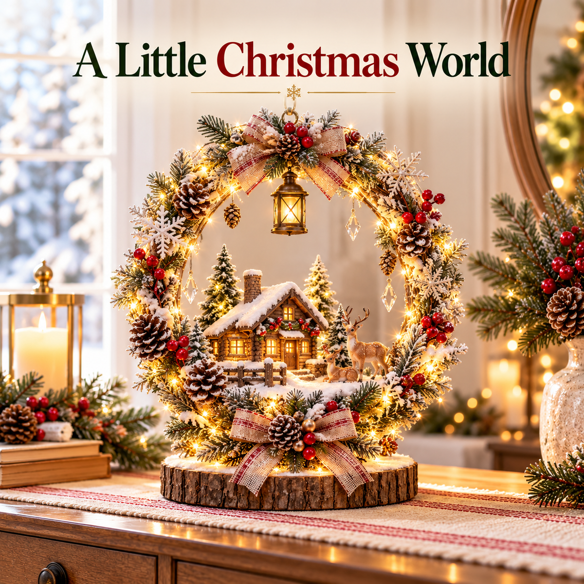 The Enchanted Snowy Cottage Wreath — A Glowing Christmas Village Centerpiece