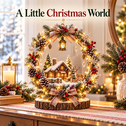 The Enchanted Snowy Cottage Wreath — A Glowing Christmas Village Centerpiece