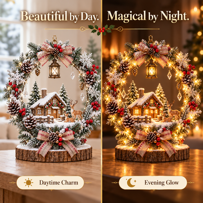 The Enchanted Snowy Cottage Wreath — A Glowing Christmas Village Centerpiece