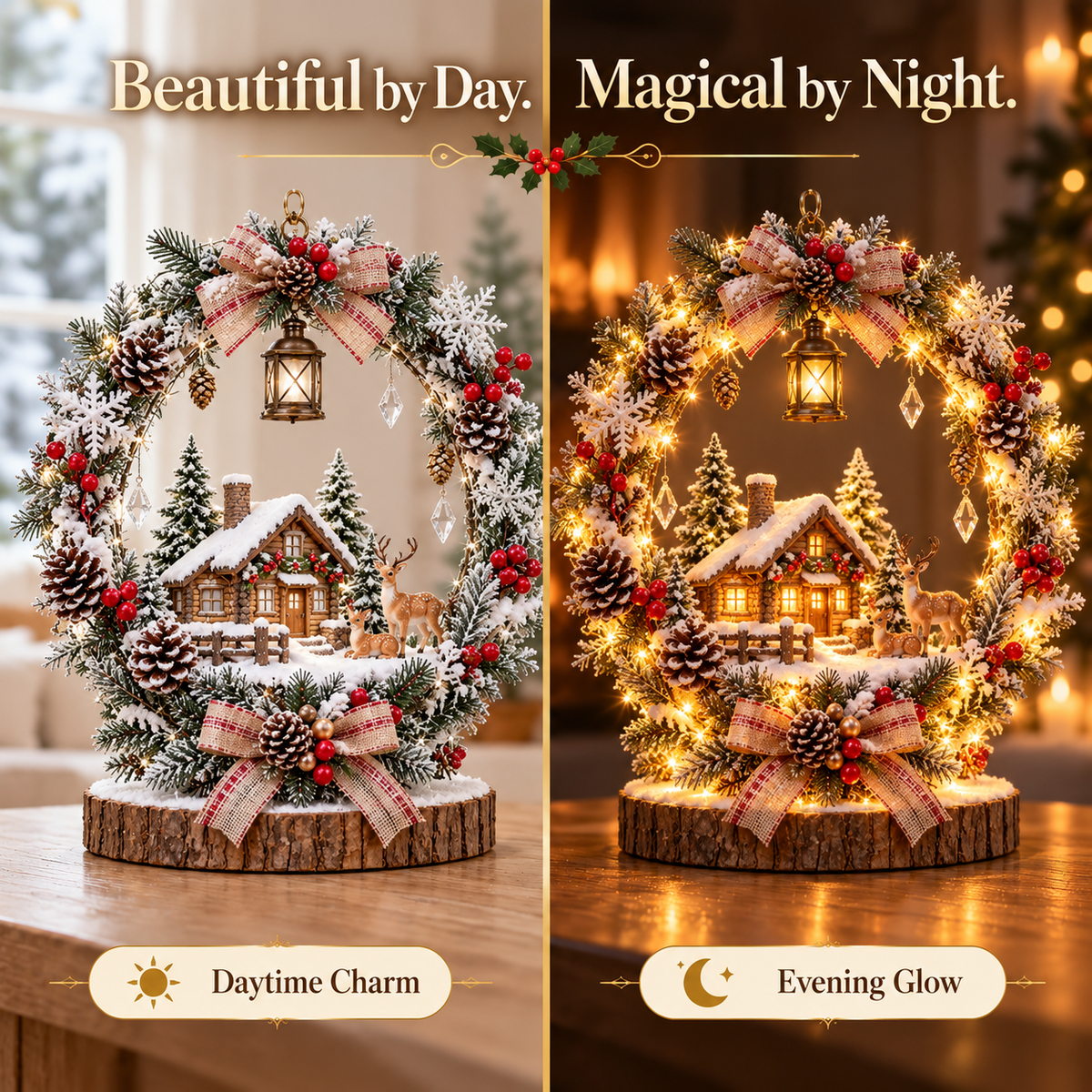 The Enchanted Snowy Cottage Wreath — A Glowing Christmas Village Centerpiece