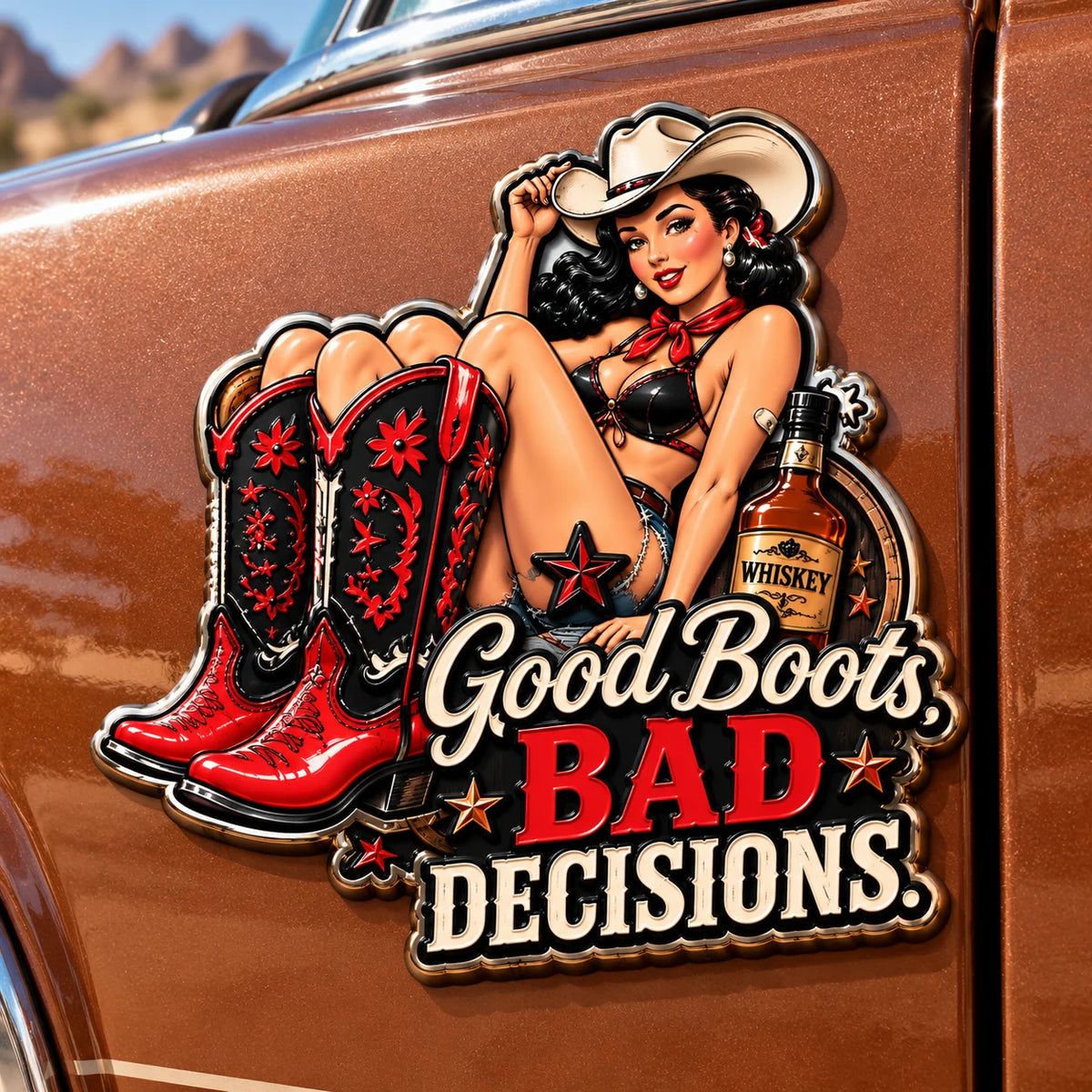 🤠🐎 “Good Whiskey and Bad Cowgirls” Vintage Western Cowgirl Metal Car Emblem