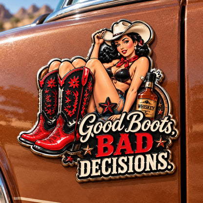 🤠🐎 “Good Whiskey and Bad Cowgirls” Vintage Western Cowgirl Metal Car Emblem