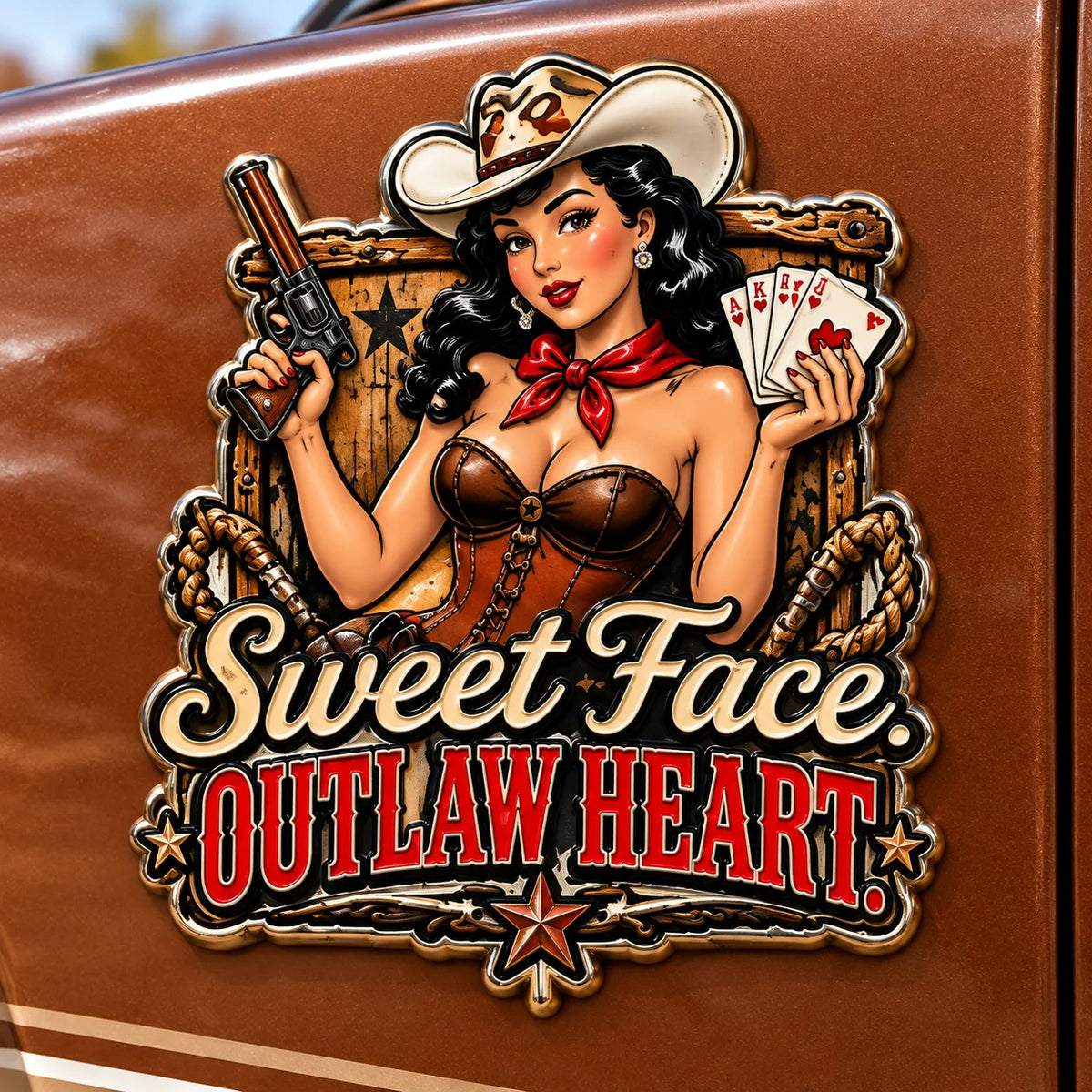 🤠🐎 “Good Whiskey and Bad Cowgirls” Vintage Western Cowgirl Metal Car Emblem
