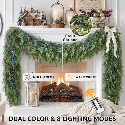 2-Pack Pre-Lit Artificial Cedar Hanging Garland Set with Remote Switch