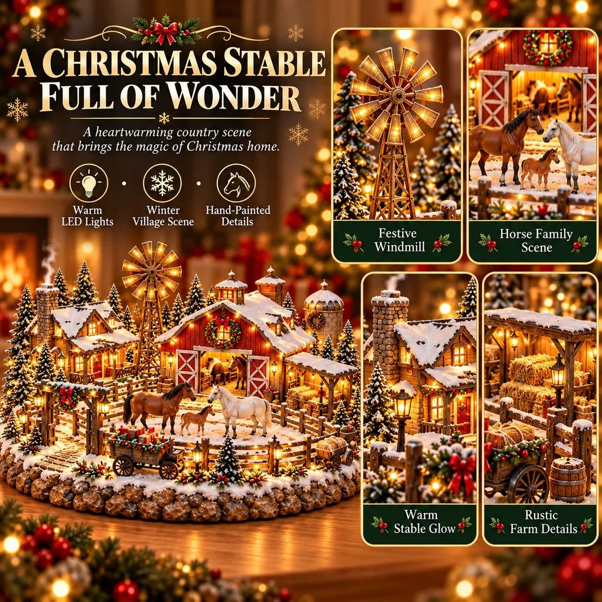🎁🐴 Weihnachtsdorf mit Pferdestall – Beleuchtete Reitsport-Weihnachtsszene 🎄✨