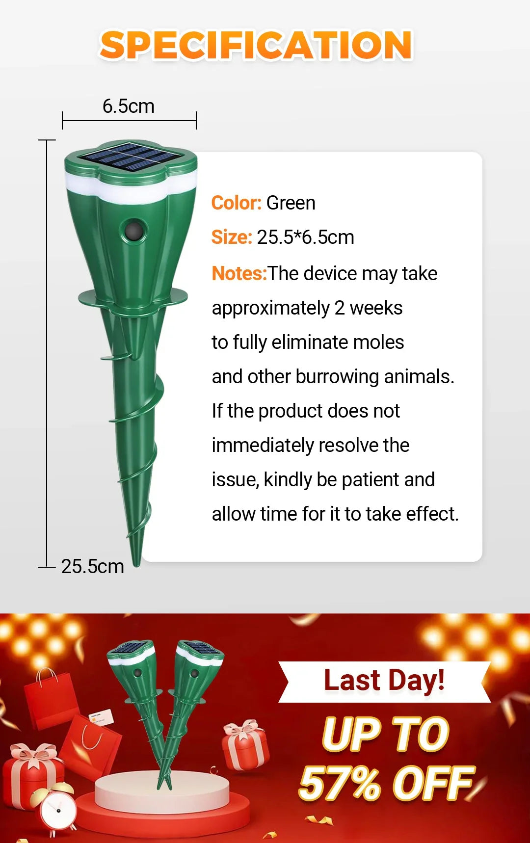 Outdoors Solar Powered Waterproof Screw Mole Repellent
