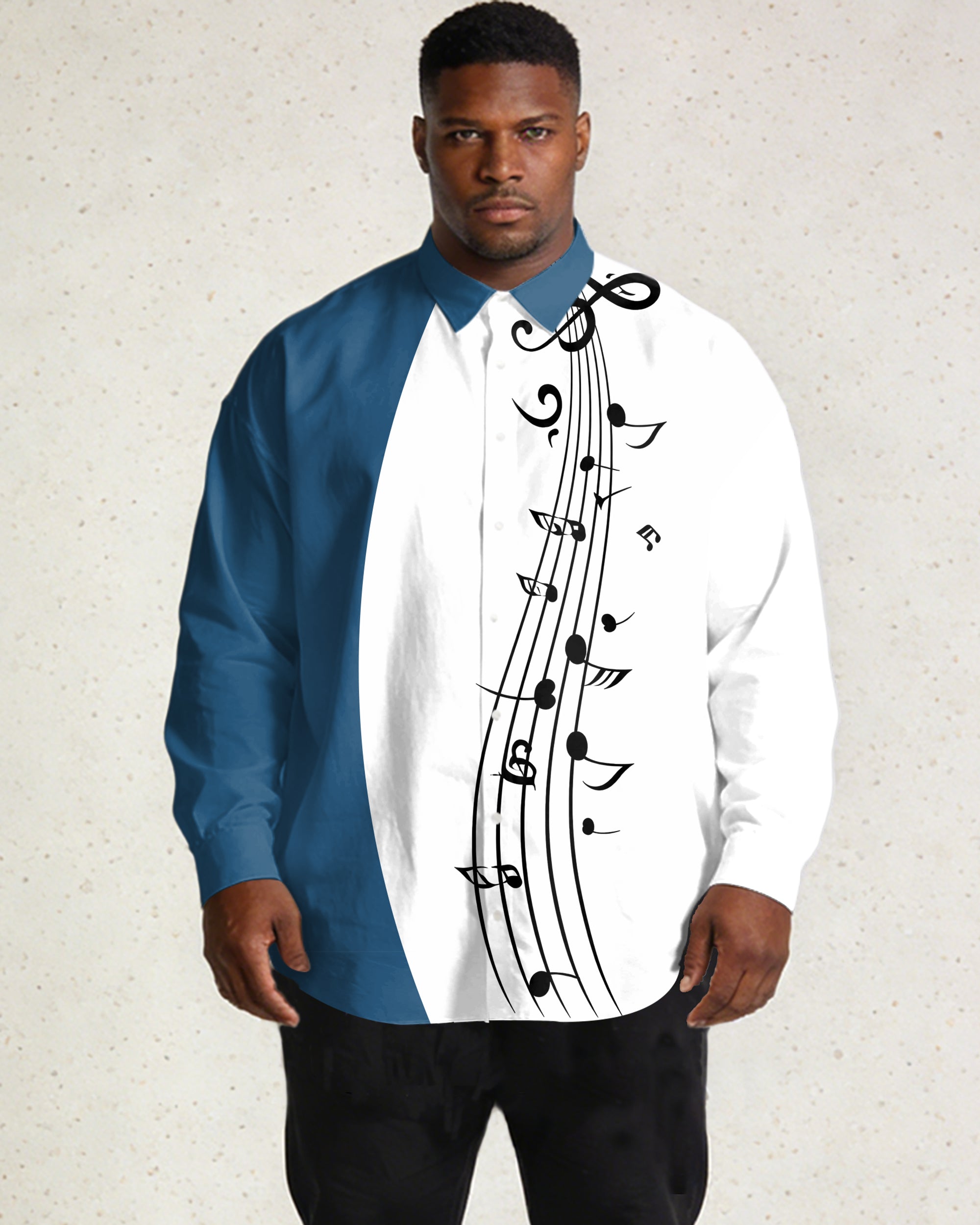 Large Size Men's, Music Blue, White Irregular Stitching Long Sleeve Lapel Shirt