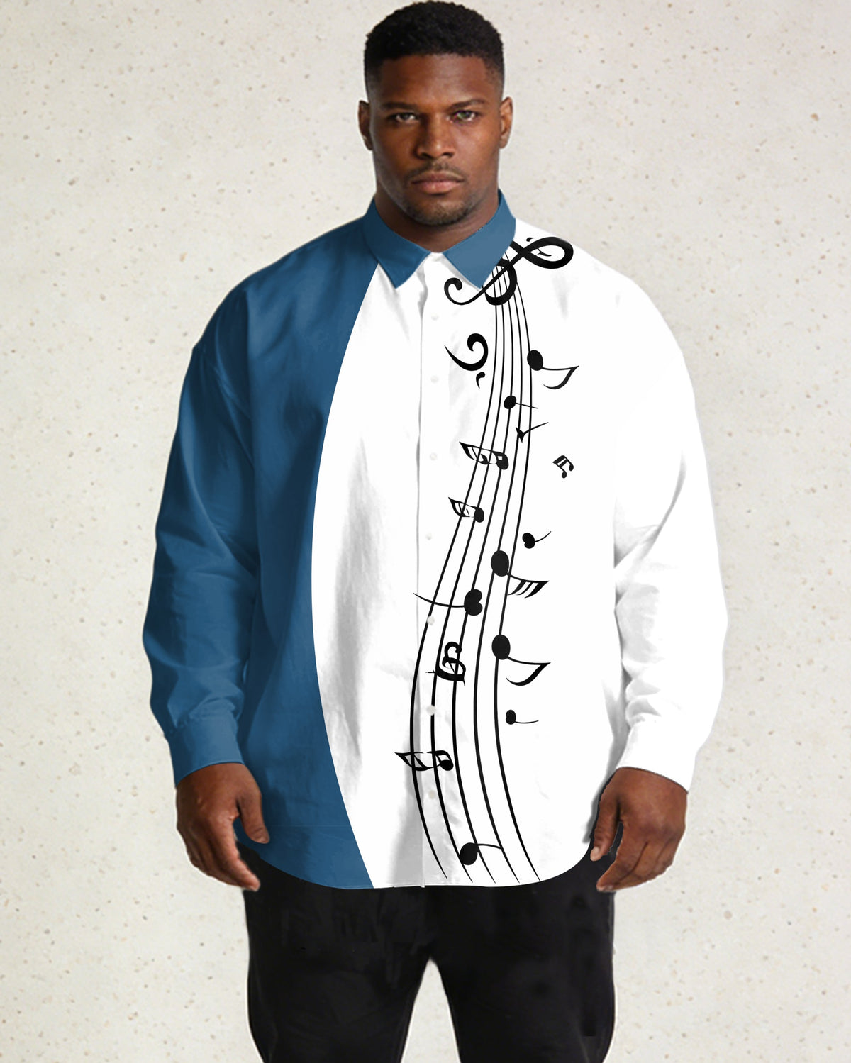 Large Size Men's, Music Blue, White Irregular Stitching Long Sleeve Lapel Shirt
