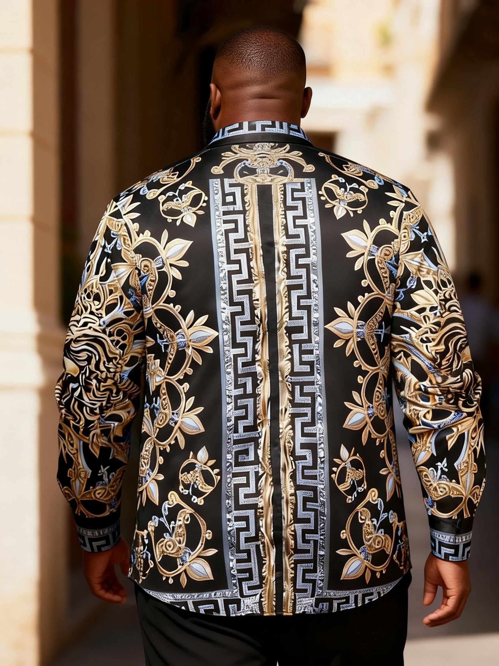 Big & Tall Men's Black Blue And Gold Greek Floral-Print Long Sleeve Shirt