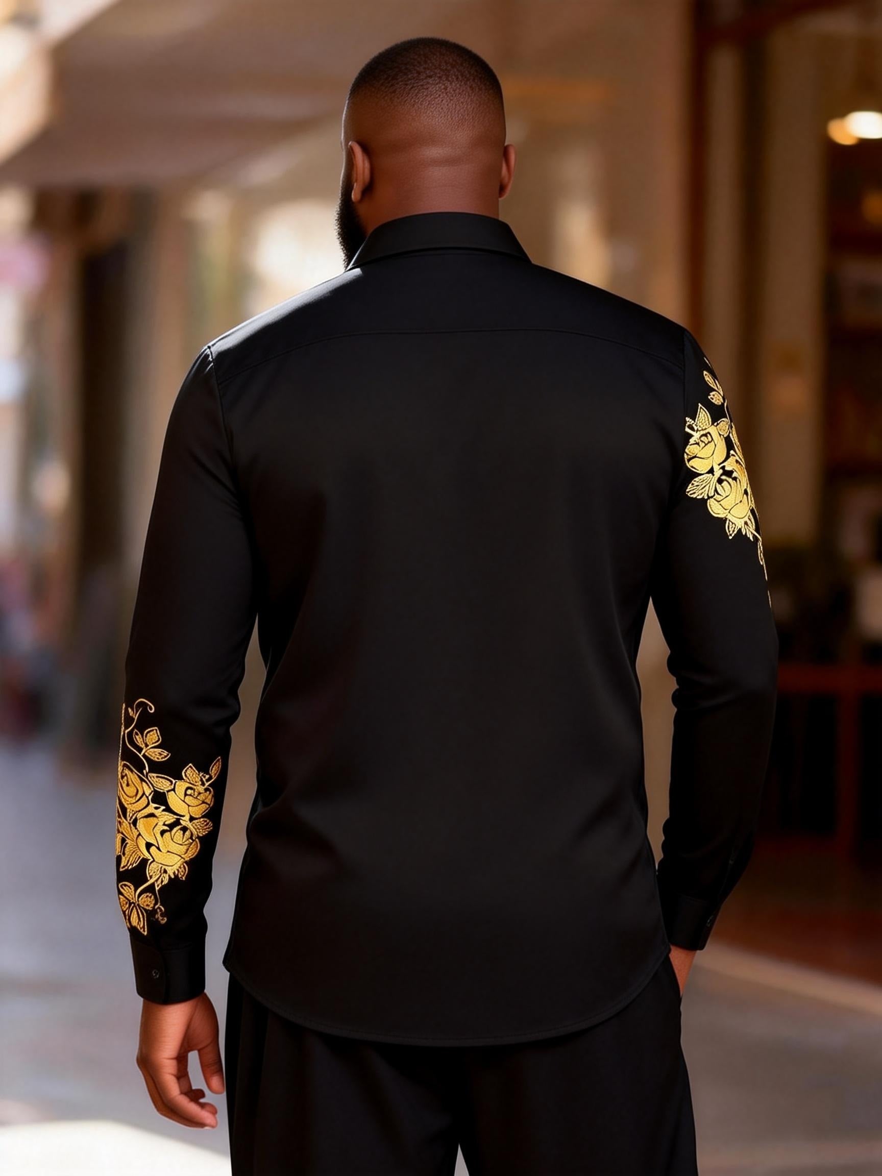 Big & Tall Men's Simple Black And Gold Rose Print Long Sleeve Shirt