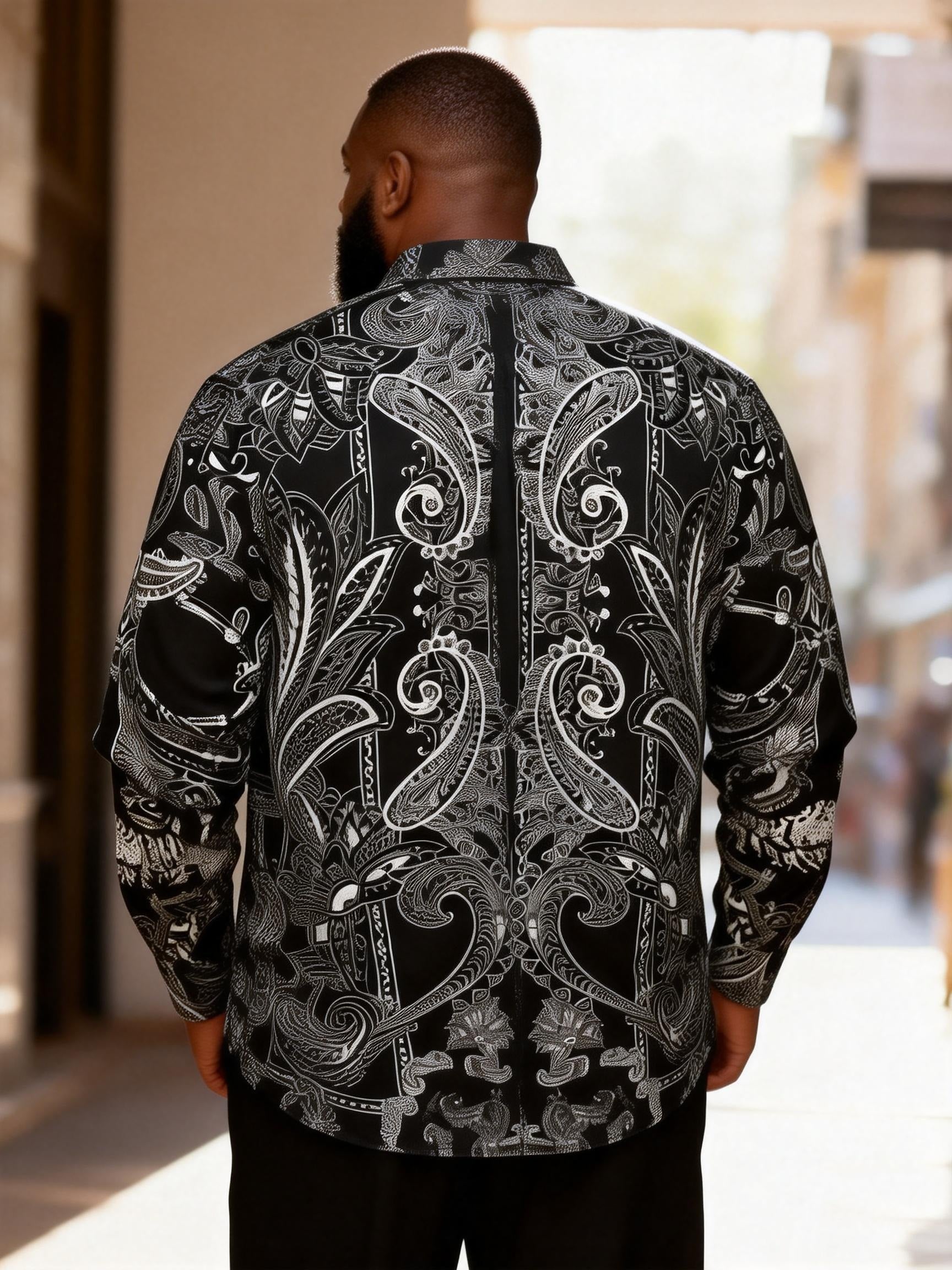 Big & Tall Men's Vintage Black And White Cashew Flower Print Long Sleeve Shirt
