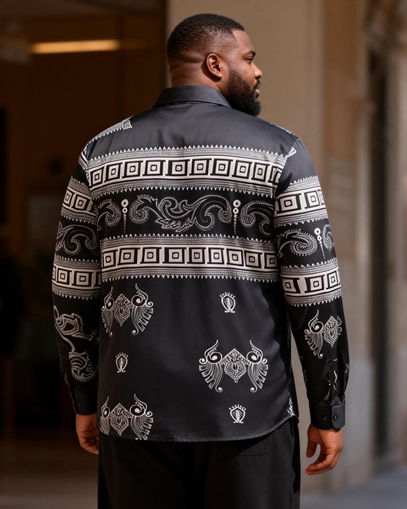Big & Tall Men's Black And White Geometric Cashew Flower Stitching Printed Long Sleeve Shirt