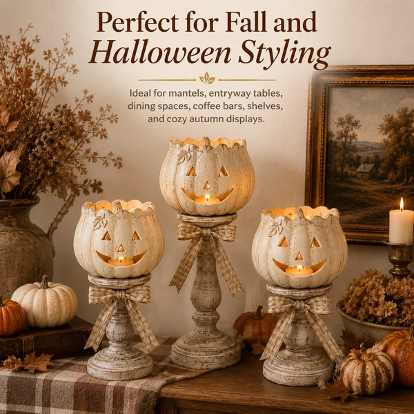 🔥Halloween Early Bird Sale🎃Harvest Glow White Pumpkin Pedestal Tealight Holders - Set of 3
