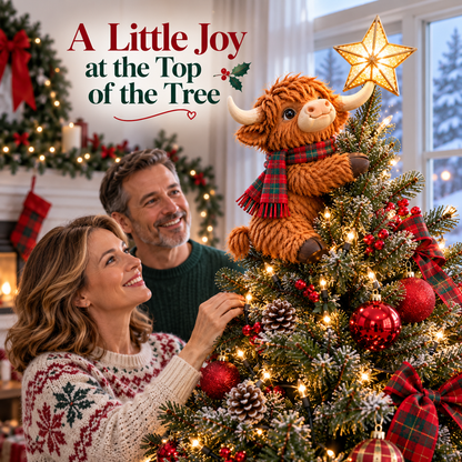 🐮⭐ Highland Cow Star Helper™ – Lighted Christmas Tree Topper with Glowing Golden Star 🎄