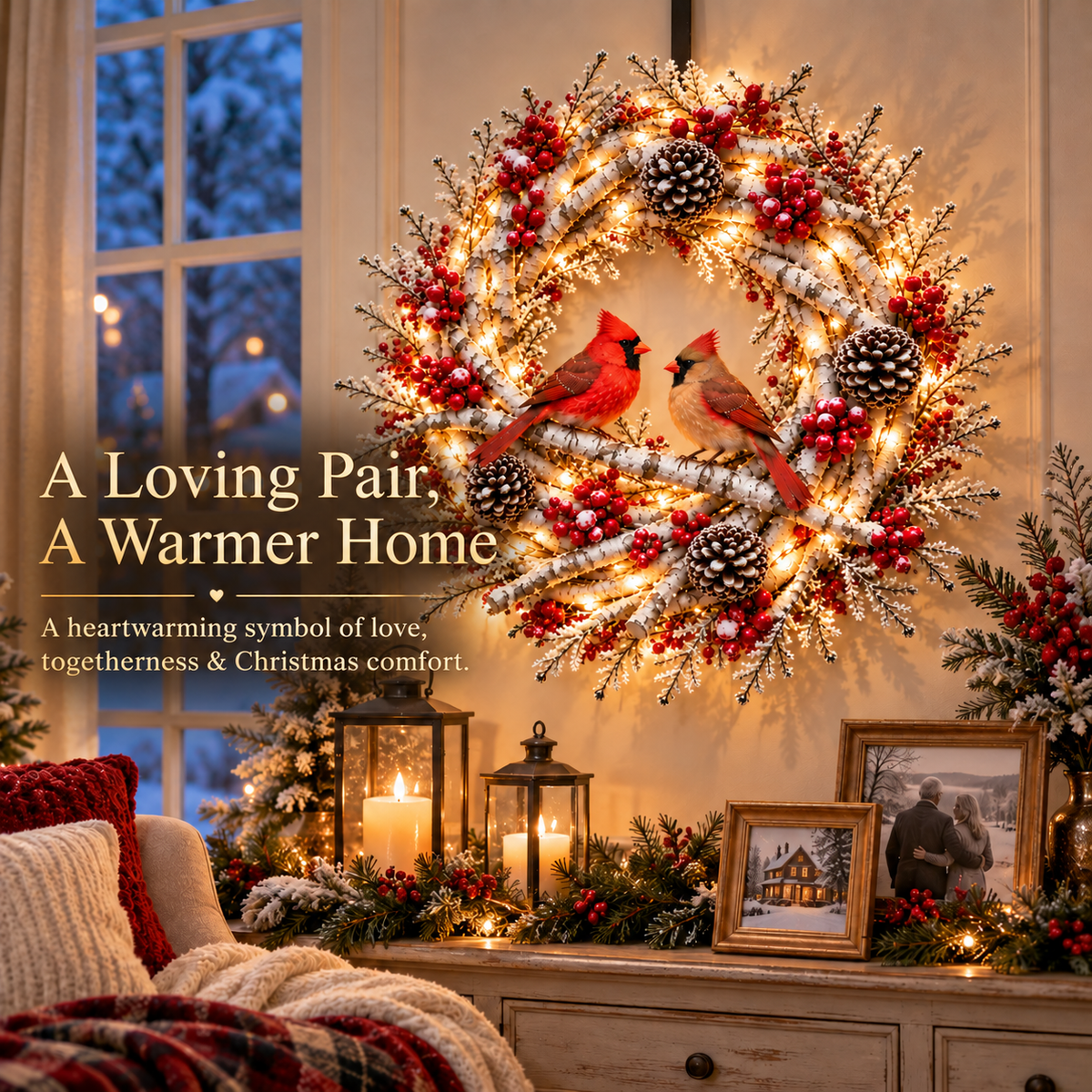 🔥 LAST DAY 50% OFF 🔥❤️🐦 Official Cardinals Together™ – Premium Lighted Snowy Birch Christmas Wreath with Male & Female Cardinals, Berries & Pinecones 🎄✨
