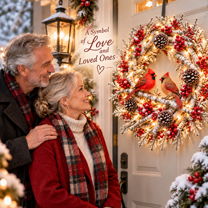 🔥 LAST DAY 50% OFF 🔥❤️🐦 Official Cardinals Together™ – Premium Lighted Snowy Birch Christmas Wreath with Male & Female Cardinals, Berries & Pinecones 🎄✨