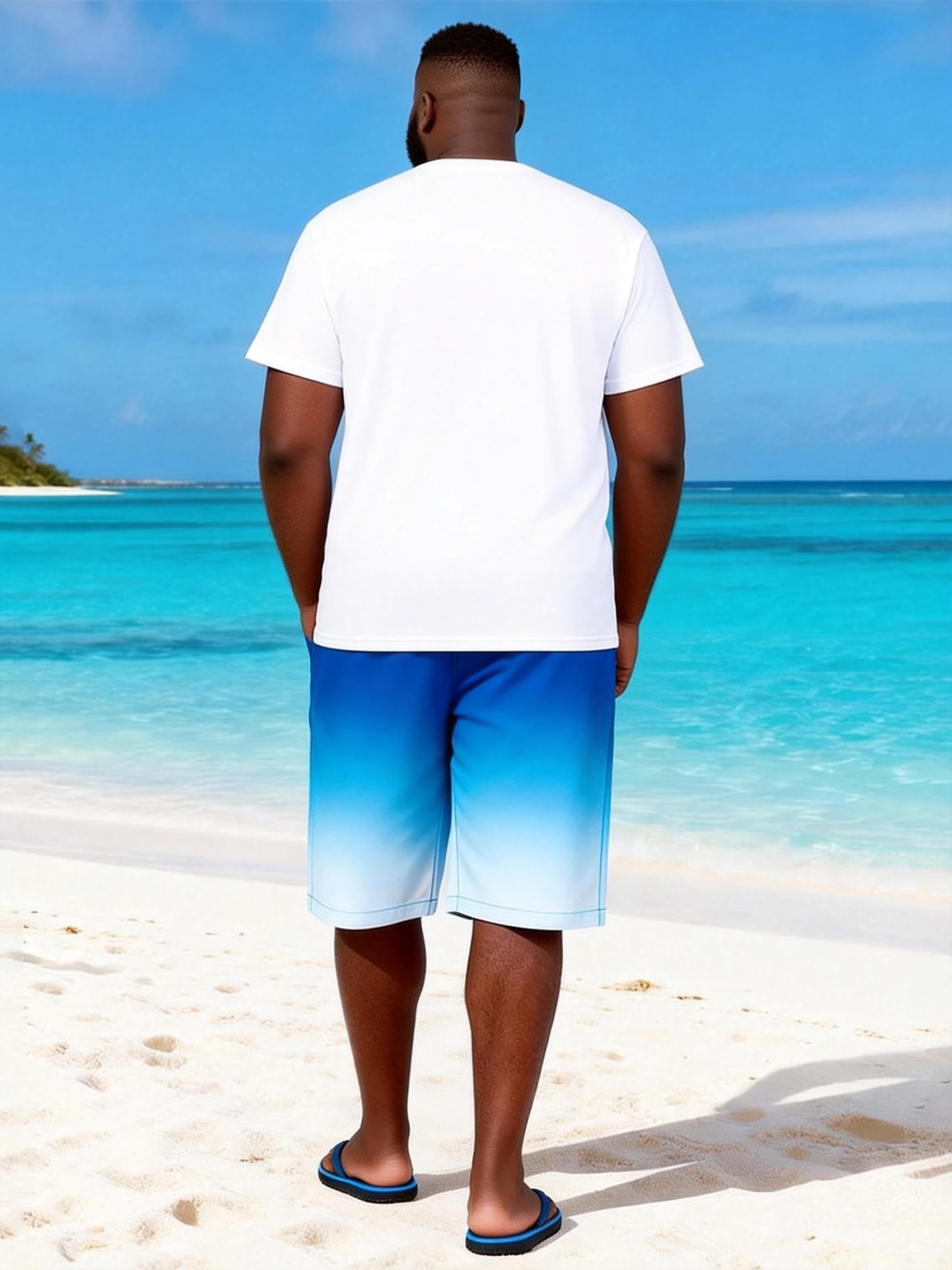 Big & Tall Men's Oil Painting Coconut Tree Print Round Neck Short Sleeve T-Shirt Shorts Set