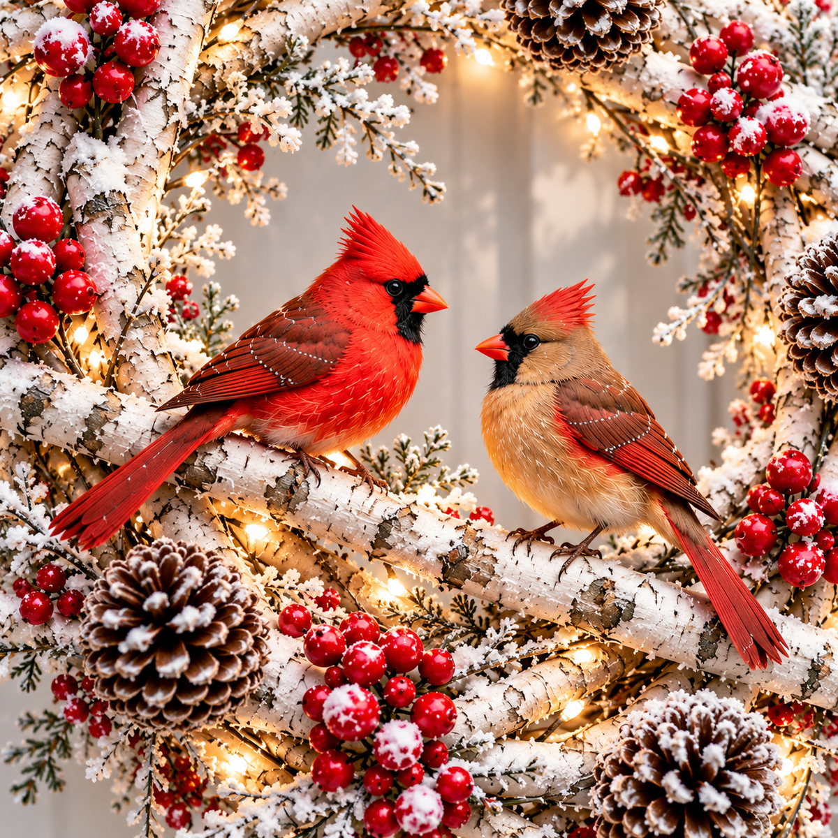 Close-up of the male and female cardinal ornaments facing one another on a snowy branch