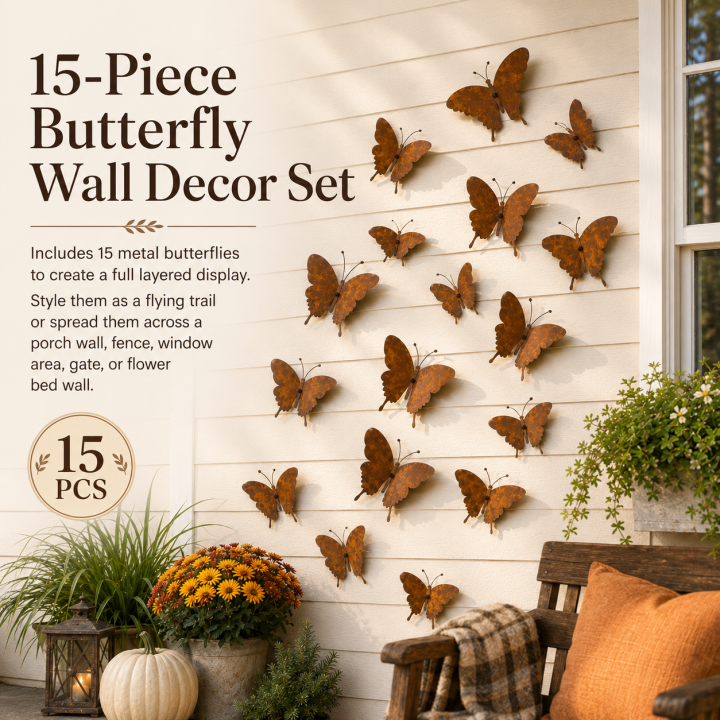15-Piece Rustic Metal Butterfly Wall Décor Set – Transform Any Wall Into Garden Art