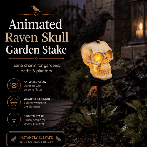 Animated Raven Skull Solar Garden Stake | Halloween Outdoor Yard Decor
