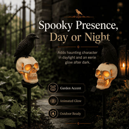 Animated Raven Skull Solar Garden Stake | Halloween Outdoor Yard Decor