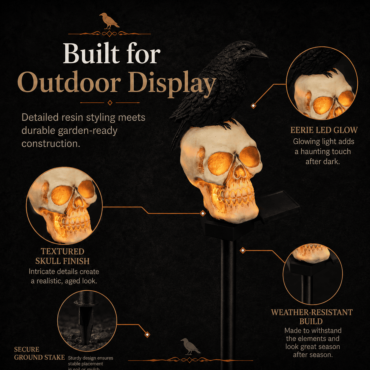 Animated Raven Skull Solar Garden Stake | Halloween Outdoor Yard Decor