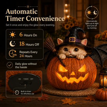 Summer ween Lighted Witch Cat Pumpkin Decor With Flickering LED Timer