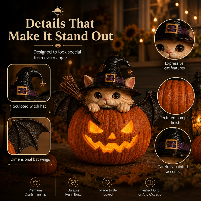 Summer ween Lighted Witch Cat Pumpkin Decor With Flickering LED Timer