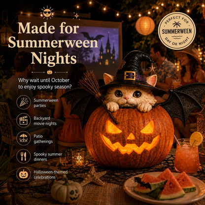 Summer ween Lighted Witch Cat Pumpkin Decor With Flickering LED Timer