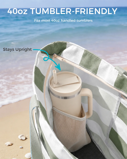 Large Mesh Beach Bag With40oz Tumbler Pocket AndZipper Closure