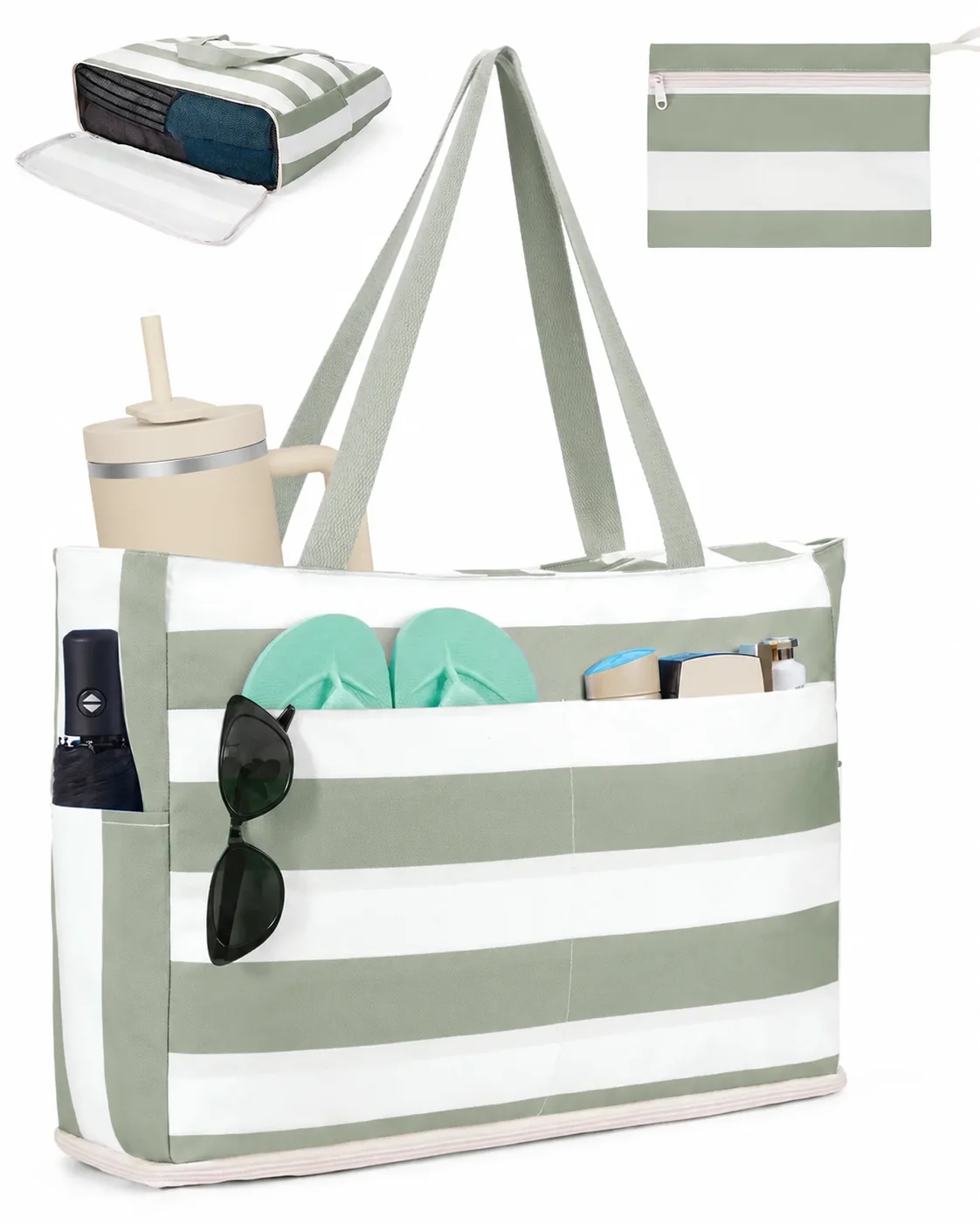 Large Mesh Beach Bag With40oz Tumbler Pocket AndZipper Closure