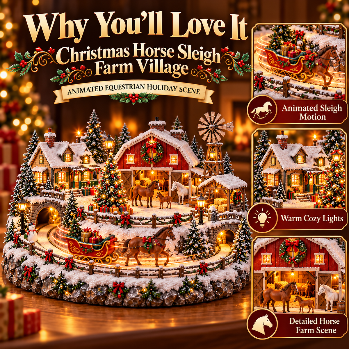 🐎 Christmas Horse Sleigh Farm Village – Lighted Equestrian Holiday Scene