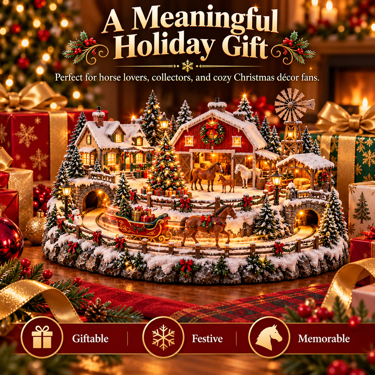 🐎 Christmas Horse Sleigh Farm Village – Lighted Equestrian Holiday Scene