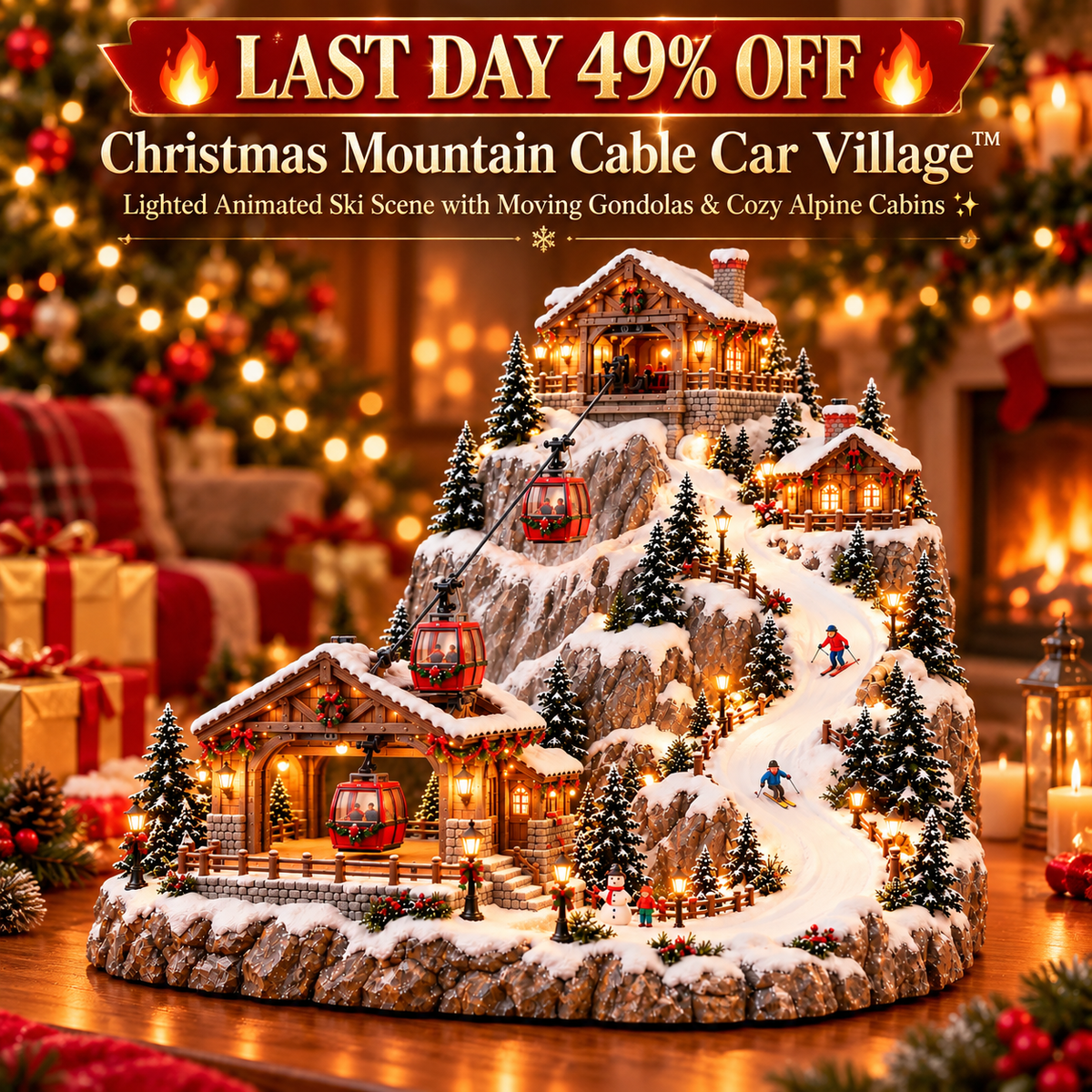 🔥 LAST DAY 49% OFF 🔥 Animated Christmas Mountain Cable Car Village™ – Lighted Alpine Ski Resort Scene with Moving Gondolas & Cozy Holiday Chalets ✨